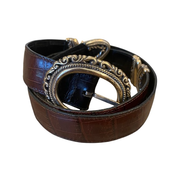 Vintage Reversible Black Brown Leather Belt With Metal Embellishments - Picture 1 of 9